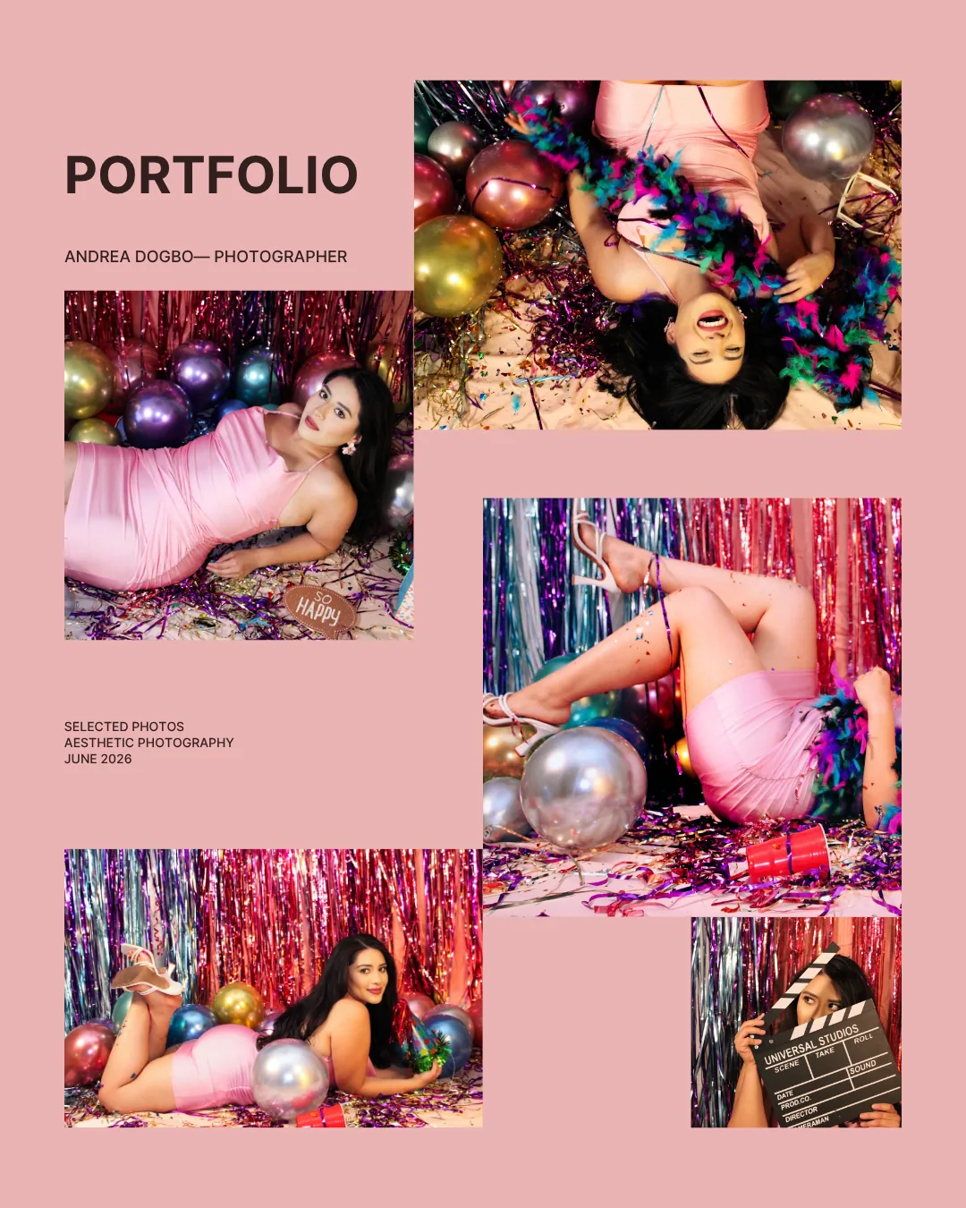Pink celebration editorial photography portfolio board by Andrea Dogbo